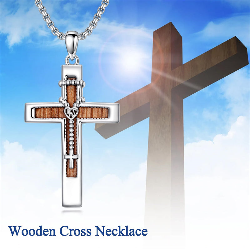 Sterling Silver Wooden Cross Pendant Necklace