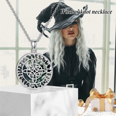 Sterling Silver Moss Agate Witches Knot Pendant Necklace
