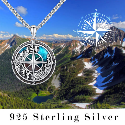 Mountain Necklace 925 Sterling Silver Mountain Pendant Wolf Necklace Compass Necklace for Men Women