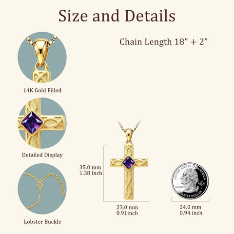 14K Gold Plated Birthstone Cross Pendant Necklace for Women  Anniversary Christmas Birthday Gift