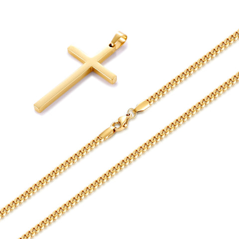 Sterling Silver Cross Pendant Necklace with 3.0mm Stainless Steel Cuban Chain