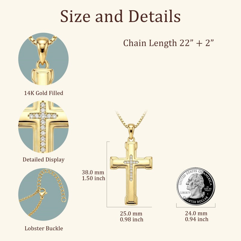 14K Gold Plated Cubic Zircon Cross Pendant Necklace for Men Birthdays Anniversary Christmas Father's Day Gift