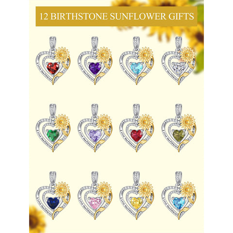 Sterling Silver Heart Birthstone Sunflower Pendant Necklace Engraved with I Love You Forever