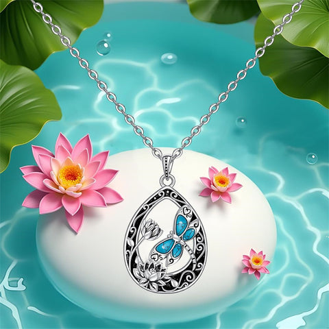 Sterling Silver Turquoise Filigree Lotus Flower Dragonfly Pendant Necklace
