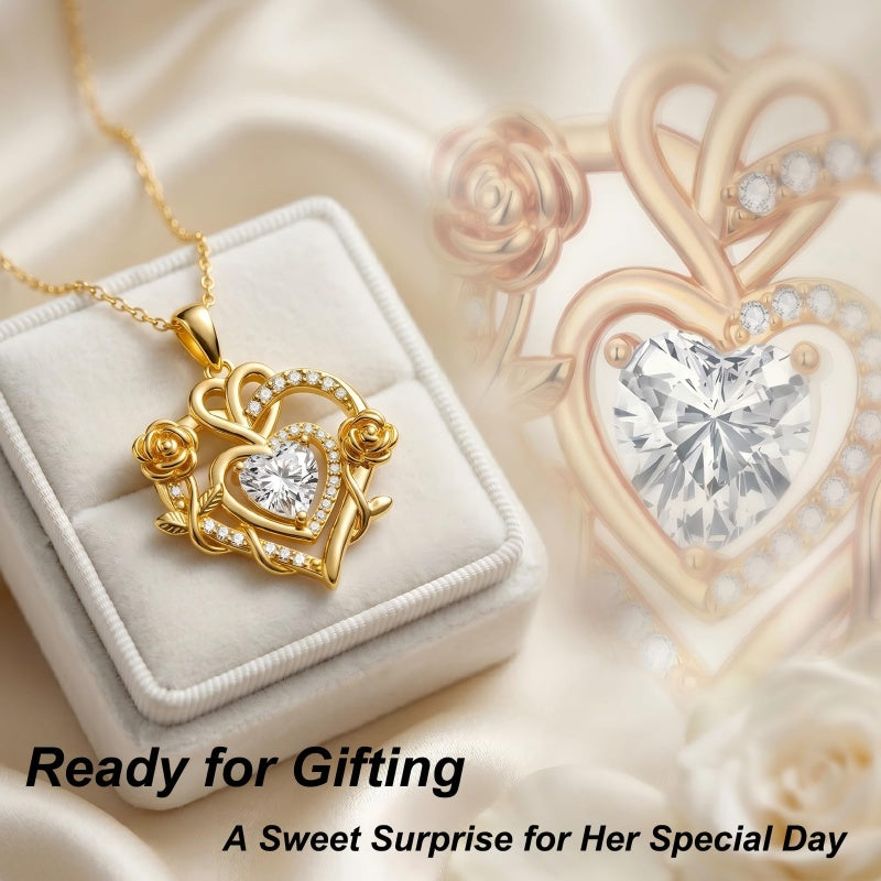 Heart Rose Pendant Necklace for Women  14K Gold Plated Mothers Day  Anniversary Birthday Gift