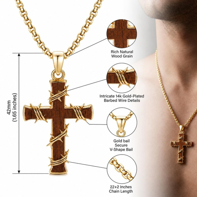 Wood 14K Gold Plated Cross Pendant Necklace