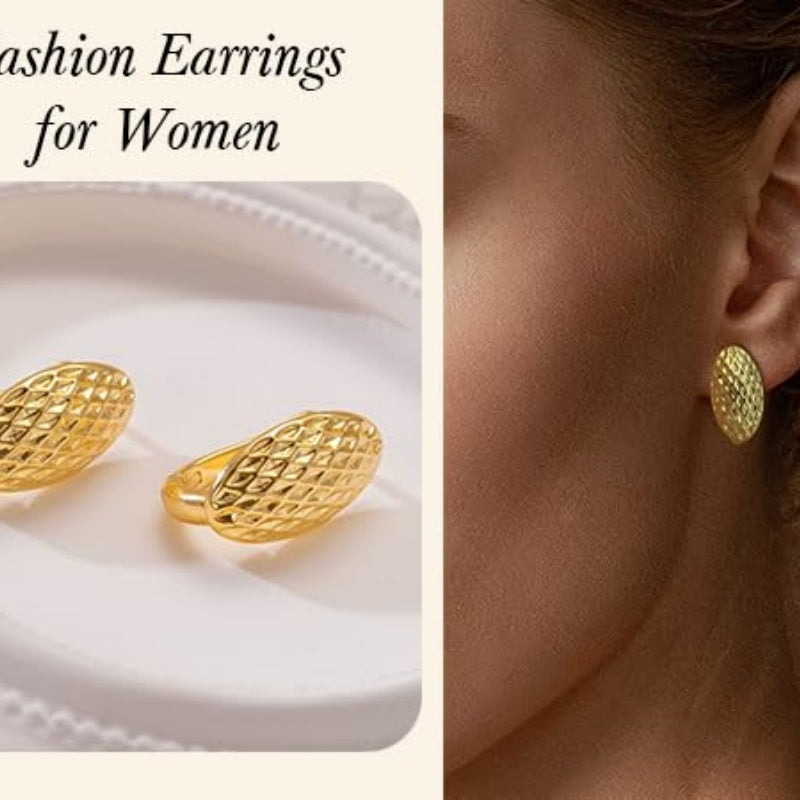 14K Gold Plated  Oval Shape with Mesh Pad Textured on the Surface Unique Hoops Earring for Women