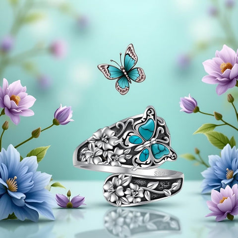 Sterling SilverMustard Seed Turtle Ocean Butterfly Dragonfly Turquoise Adjustable  Spoon Ring Spoon Jewelry for Women