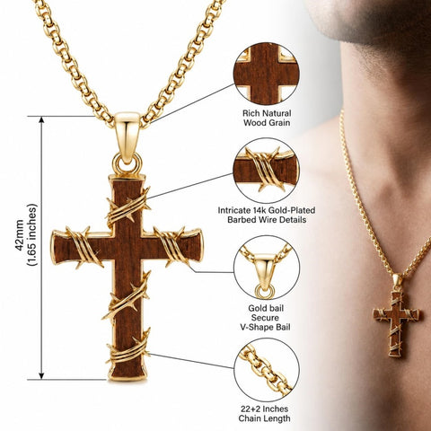 14K Gold Plated Wooden Cross Pendant Necklace Christian Catholic Jewelry Religious Gift