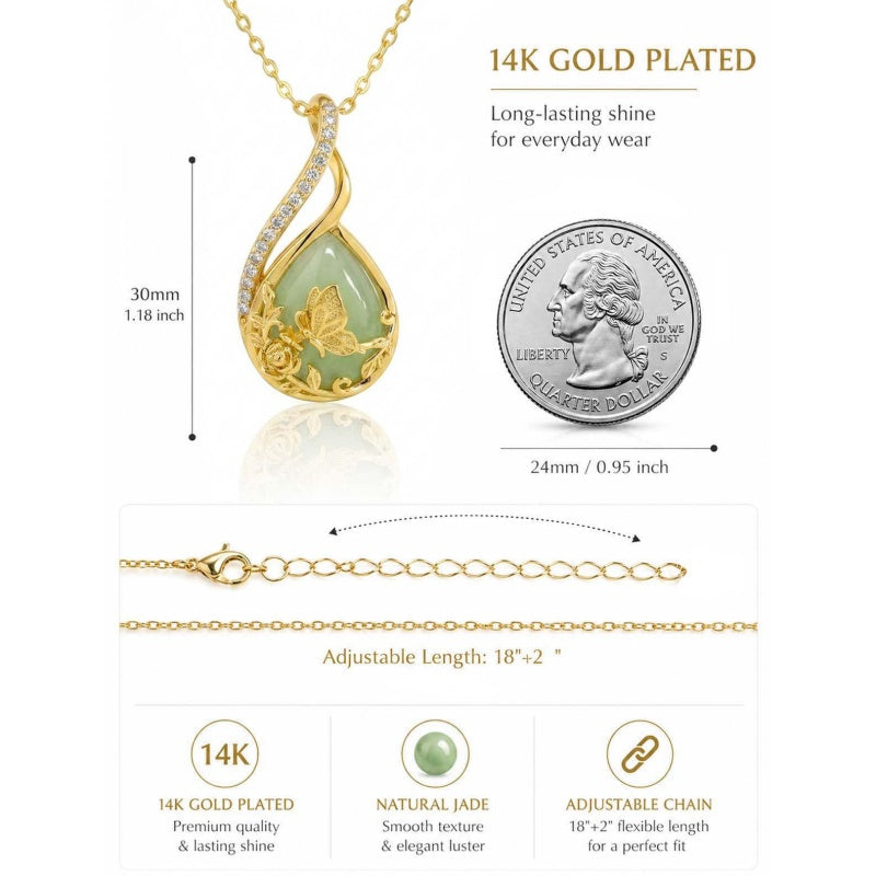 14K Gold Plated Jade Hummingbird Butterfly Dragonfly Turtle Animal Pendant Necklace