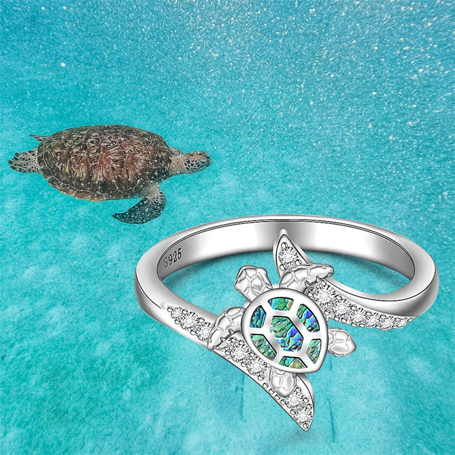 Turtle Ring Sea Turtle Abalone Shell Ocean Wave Rings for Women Sterli ...
