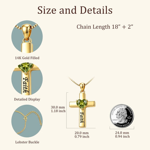 14K Gold Plated Heart Birthstone Cross Necklace for Women Engraved with Faith