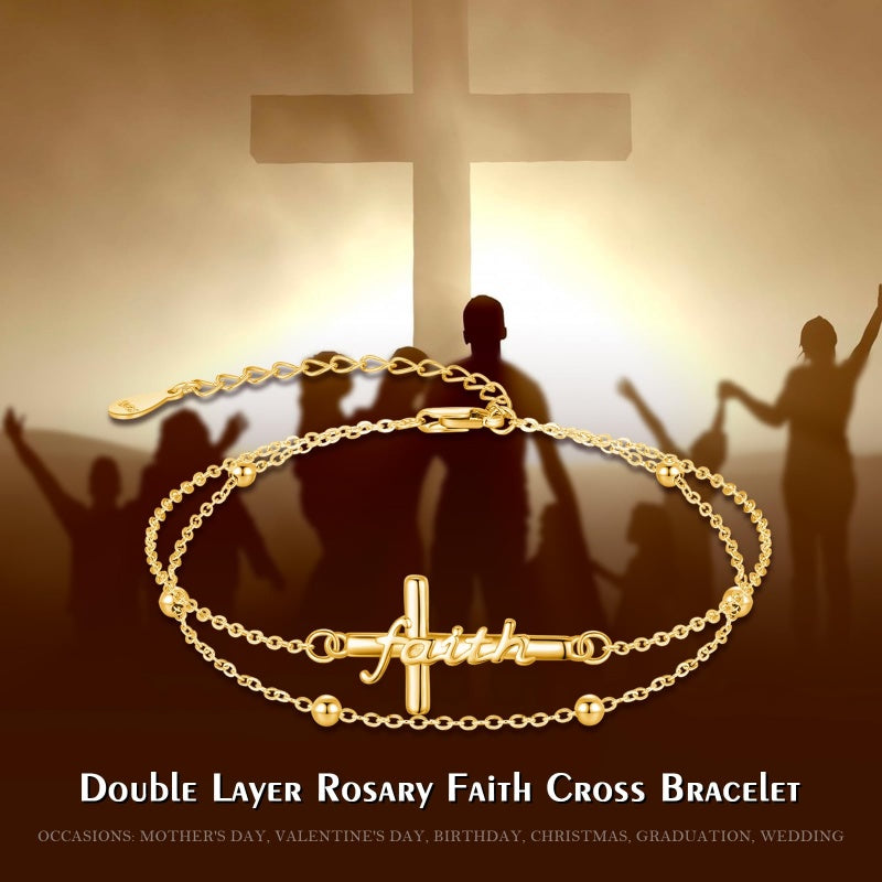 14K Gold Plated  Faith Cross Religious  Double Layered Anklet