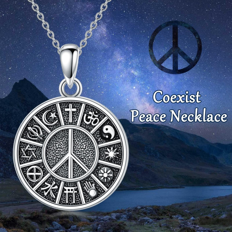 Sterling Silver Peace Sign Coexist Peace Symbol Pirate Tree of Life Thor's Hammer Wolf Raven Viking Series Necklace
