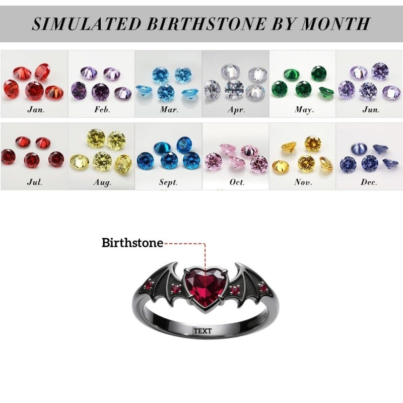 Sterling Silver Personalized Birthstone Punk Skull Bat Snake Ring Goth Jewelry for Halloween Birthday