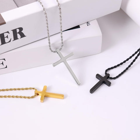 Sterling Silver Cross Pendant Necklace with Stainless Steel 2.5mm Rope Chain