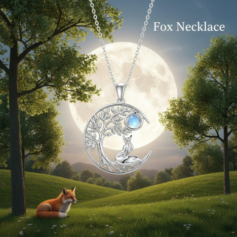 Sterling Silver Moonstone Tree of Life Wolf Cat Fox Rabbit Monkey Pendant Necklace Gift for  Birthday Christmas