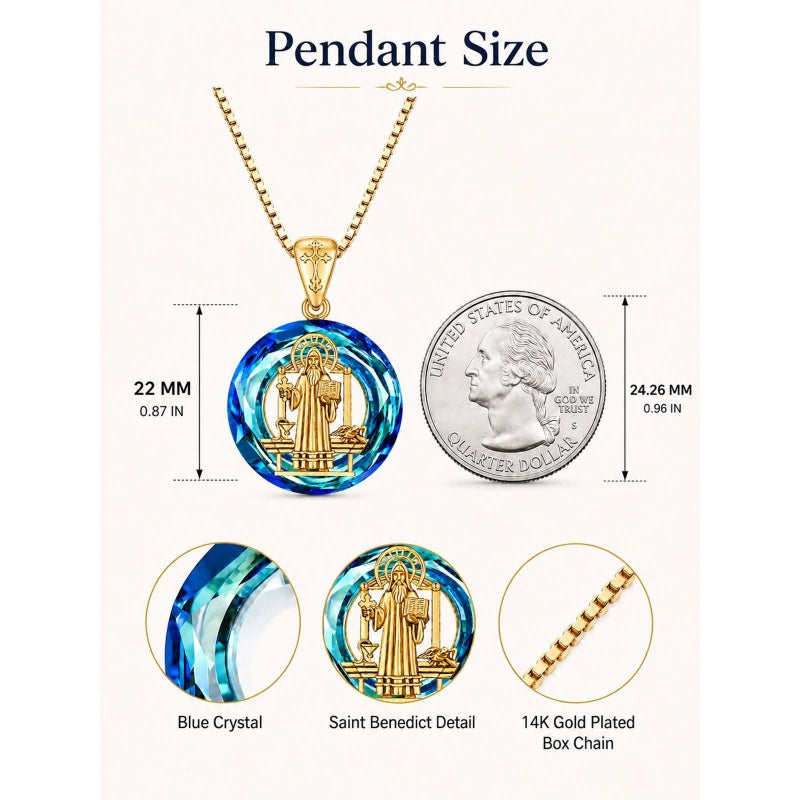 14K Gold Plated Blue Crystal Saint Protection Pendant Necklace Amulet Baptism Gift