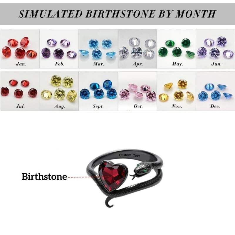 Sterling Silver Personalized Birthstone Punk Skull Bat Snake Ring Goth Jewelry for Halloween Birthday