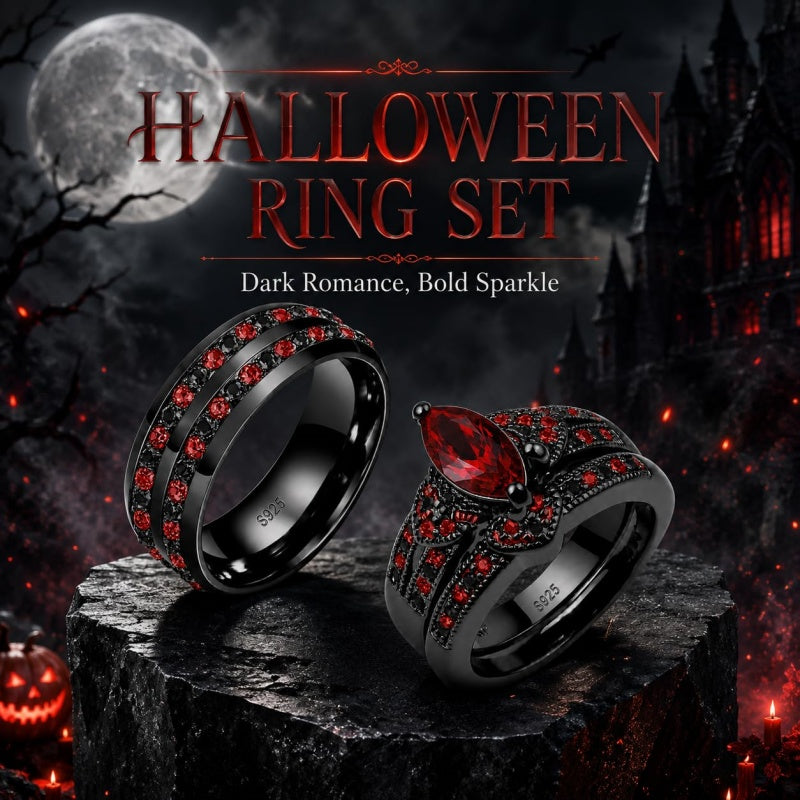 Sterling Silver 10K 14K 18K Gold Personalized Engraved  Halloween Dark Red Gemstone Couple Ring Set