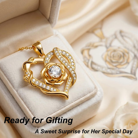 Heart Rose Pendant Necklace for Women  14K Gold Plated Mothers Day  Anniversary Birthday Gift