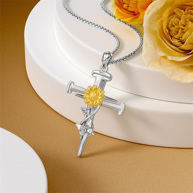 Sterling Silver Lion Semicolon Rose Sunflower Cross Pendant Religious Necklace