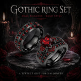 Sterling Silver 10K 14K 18K Gold Personalized Engraved  Halloween Dark Red Gemstone Couple Ring Set