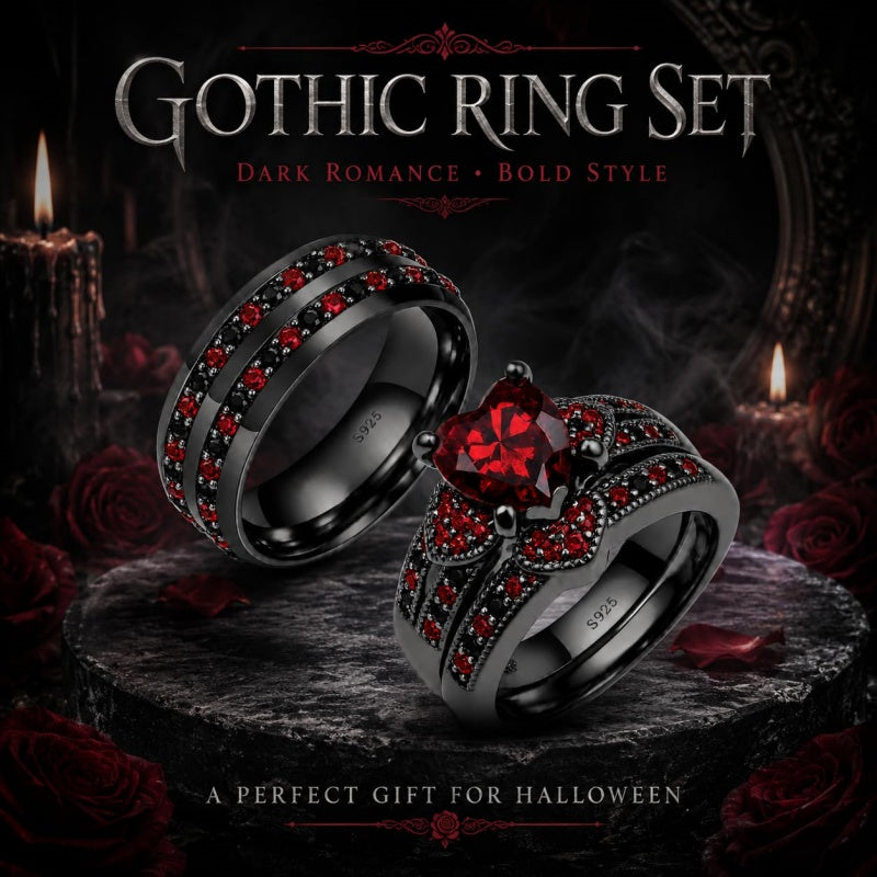 Sterling Silver 10K 14K 18K Gold Personalized Engraved  Halloween Dark Red Gemstone Couple Ring Set