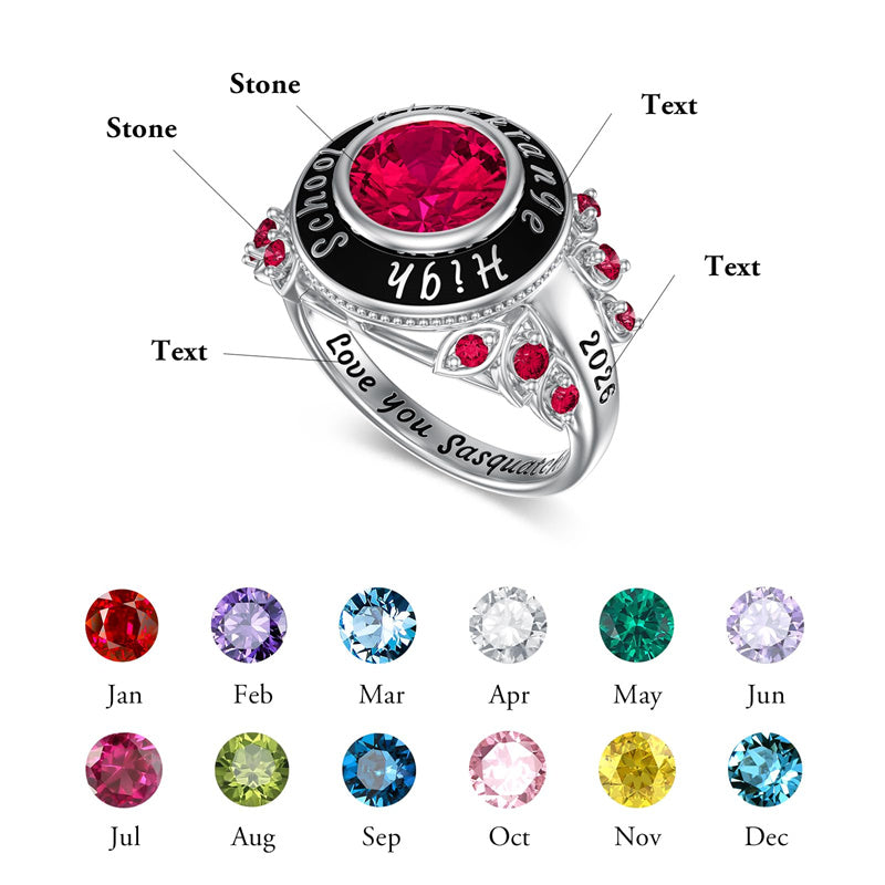 Sterling Silver Custom Birthstone Engraved High School College Class Ring for Women
