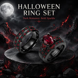 Sterling Silver 10K 14K 18K Gold Personalized Engraved  Halloween Dark Red Gemstone Couple Ring Set