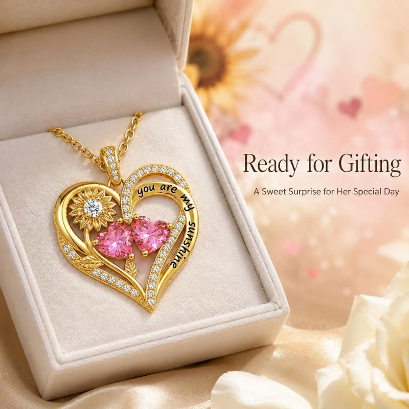 Double Birthstone Necklace 14K Gold Plated You Are My Sunshine Sunflower Necklace Heart Pendant Necklace
