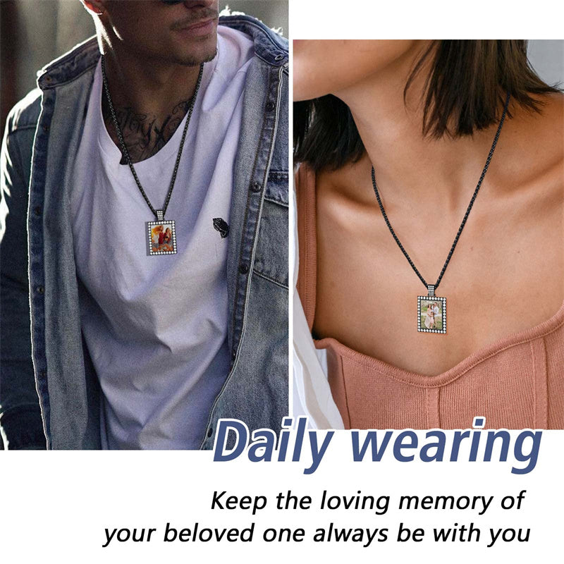 Copper Cubic Zirconia Square Personalized Photo Engraved Pendant Necklace