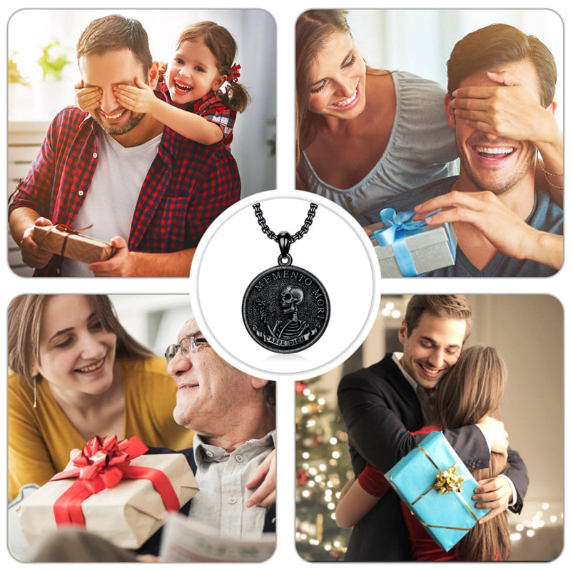 Sterling Silver Black Memento Mor Stoic Skull Coin Pendant