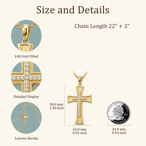 14K Gold Plated Cubic Zircon Cross Pendant Necklace for Men Birthdays Anniversary Christmas Father's Day Gift