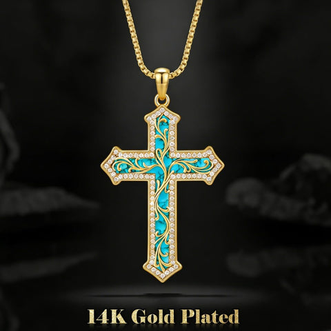 14K Gold Plated Turquoise  Abalone Shell Malachite Wood Filigree Cross Pendant Necklace
