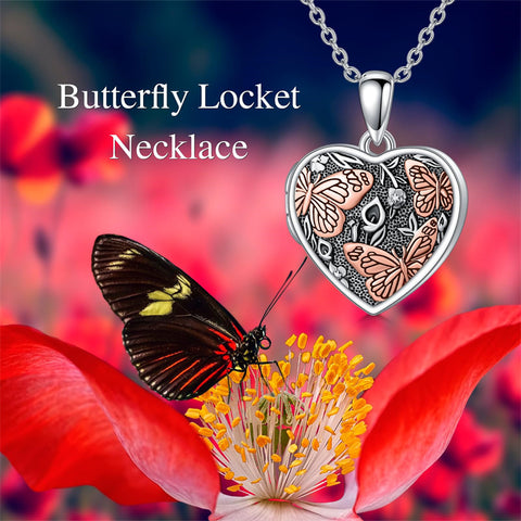 Sterling Silver Butterfly Heart Shaped Locket Pendant Necklace That Holds Pictures