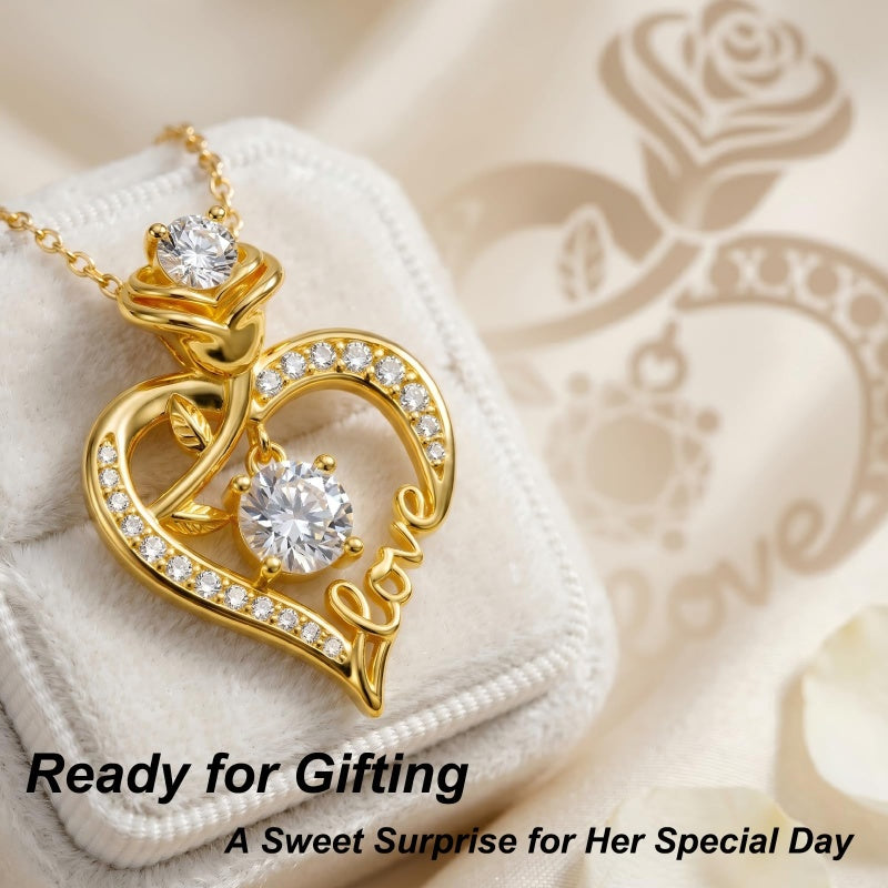 Heart Rose Pendant Necklace for Women  14K Gold Plated Mothers Day  Anniversary Birthday Gift