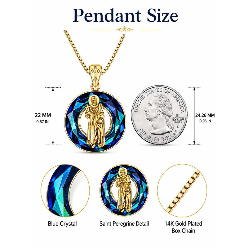 14K Gold Plated Blue Crystal Saint Protection Pendant Necklace Amulet Baptism Gift