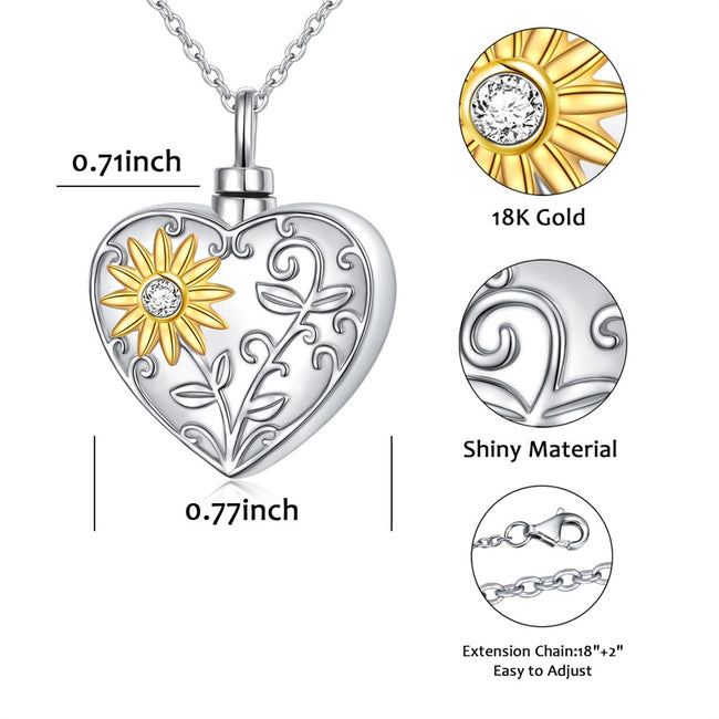 Sunflower Urn Necklace for Ashes for Women, Sterling Silver Cremation Keepsakes for Ashes Heart Urn Necklace to Keep Someone Near to You