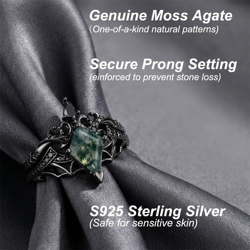 Sterling Silver 10K 14K  18K Gold Personalized Engraved Moss Agate Gothic Promise Wedding Engagement Black Ring Set
