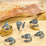 Sterling Silver Turquoise Vintage Adjustable Sunflower Dragonfly Butterfly Feather Tree of Life Spoon Ring