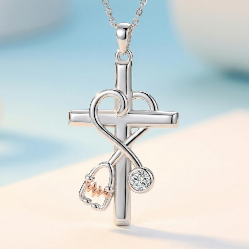 14K Gold Plated  Birthstone Stethoscope Cross Necklace Graduation Gifts for Women RN