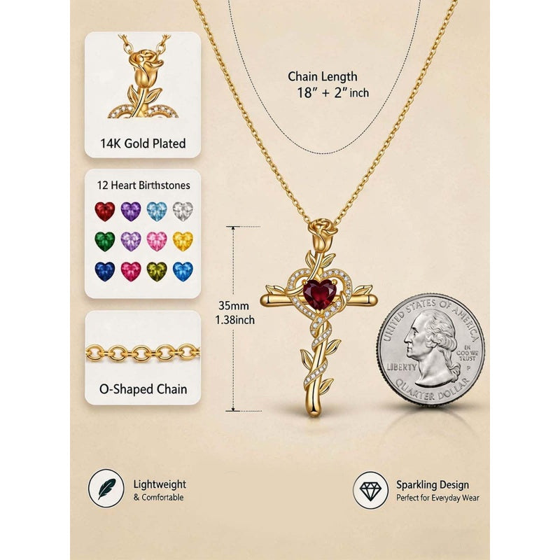 14K Gold Plated Heart Birthstone Rose Cross  Pendant Necklace  Religious Christian Jewelry for Women