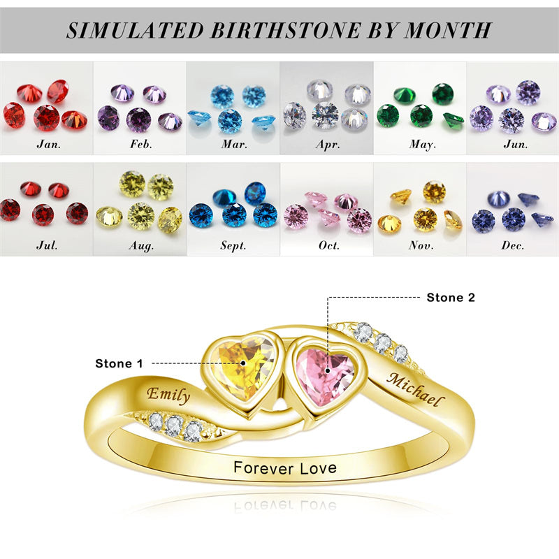 10K 14K 18K Gold Personalized 2 Birthstones Engraved Ring Mother's Day Gift