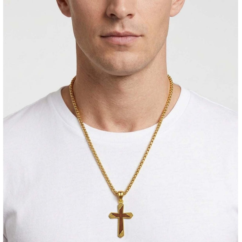 14K Gold Plated Wooden Cross Pendant Necklace Christian Catholic Jewelry Religious Gift