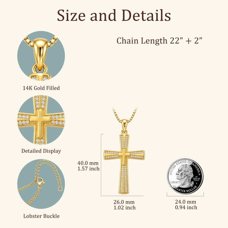 14K Gold Plated Cubic Zircon Cross Pendant Necklace for Men Birthdays Anniversary Christmas Father's Day Gift