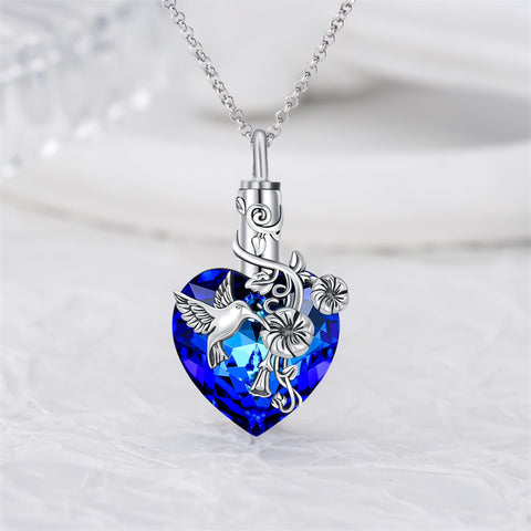 Sterling Silver Heart Crystal Hummingbird Urn Necklace for Ashes