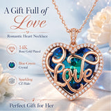 14K Gold Plated LOVE Heart Crystal Blue Pendant Necklace for Women