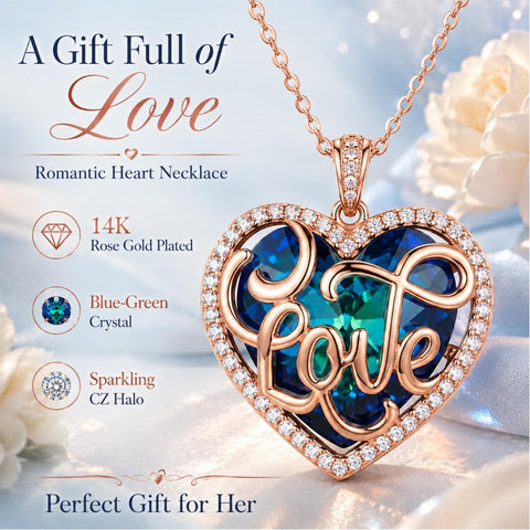 14K Gold Plated LOVE Heart Crystal Blue Pendant Necklace for Women