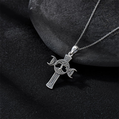 Sterling Silver Shark Fish Hook Triple Moon Cross Pendant Necklace